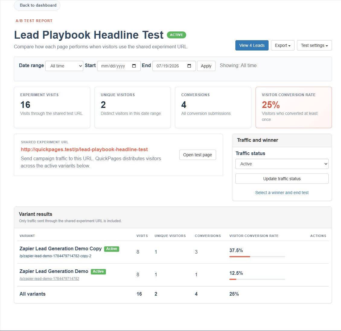 QuickPages A/B test report comparing variant visits and conversions