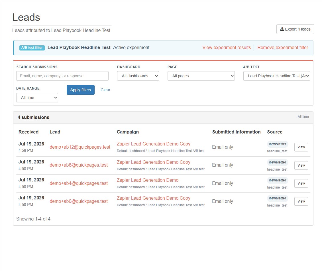 QuickPages lead inbox with a visible A/B test filter