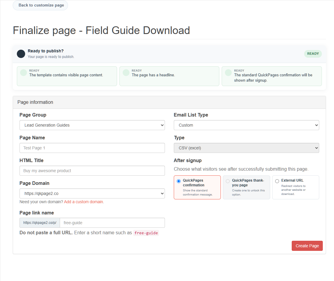 QuickPages publishing checks and final page settings