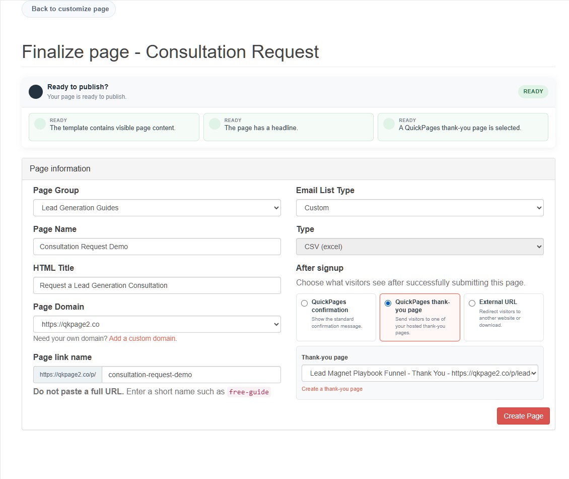 QuickPages publishing checks before creating a landing page