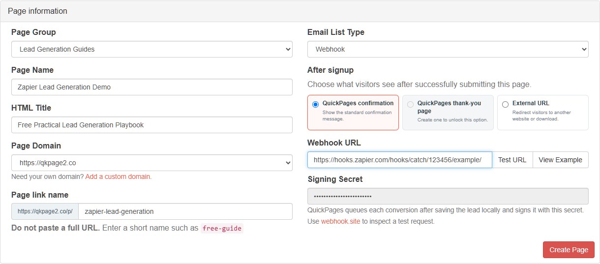 QuickPages page settings with Webhook selected and a Zapier Catch Hook URL