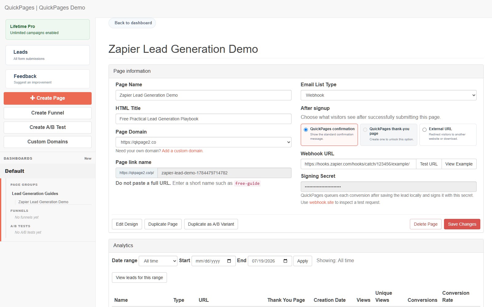 Published QuickPages lead generation page with webhook settings and analytics