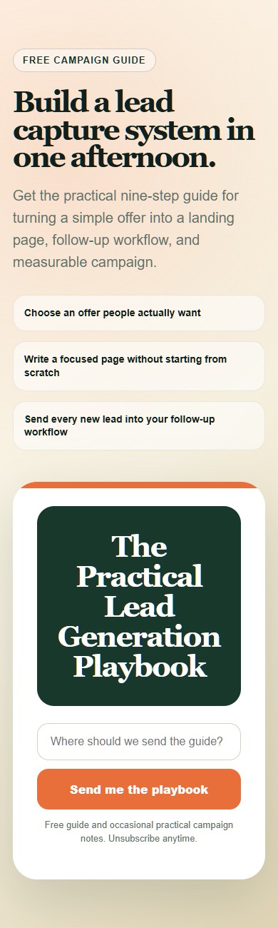 Finished QuickPages lead generation page on mobile