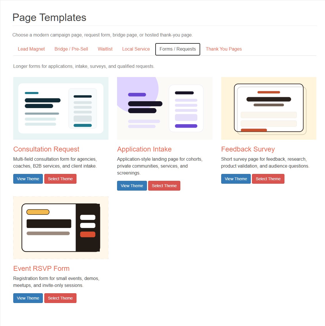 QuickPages form and request page templates