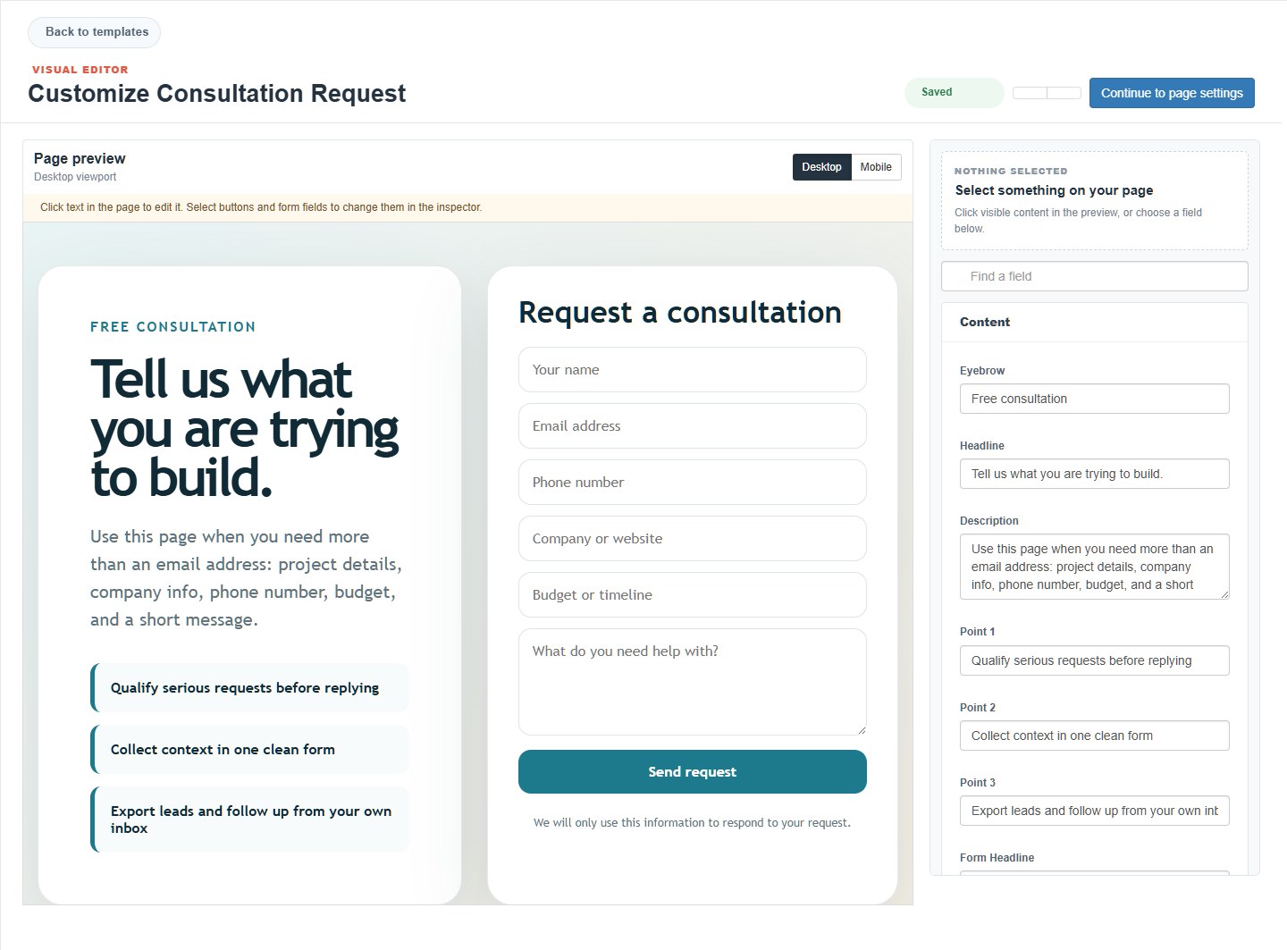 Editing a service request form in the QuickPages visual editor