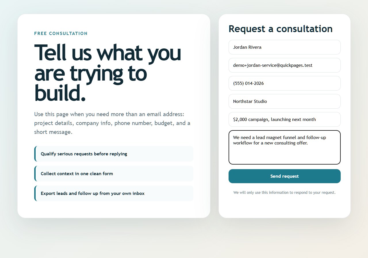 Published consultation request form built with QuickPages