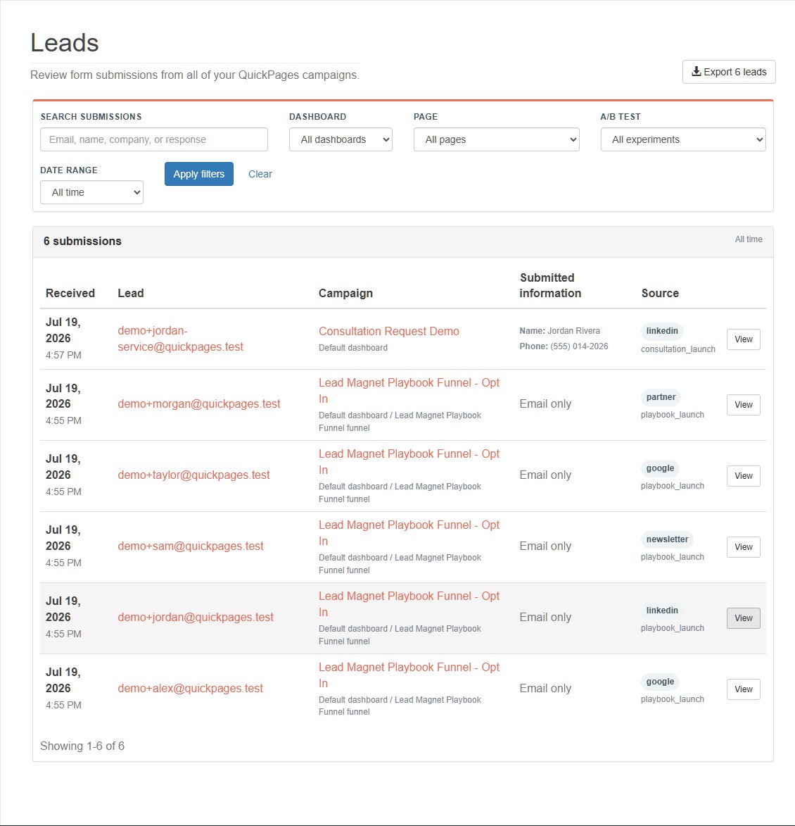 QuickPages lead inbox showing a qualified service request
