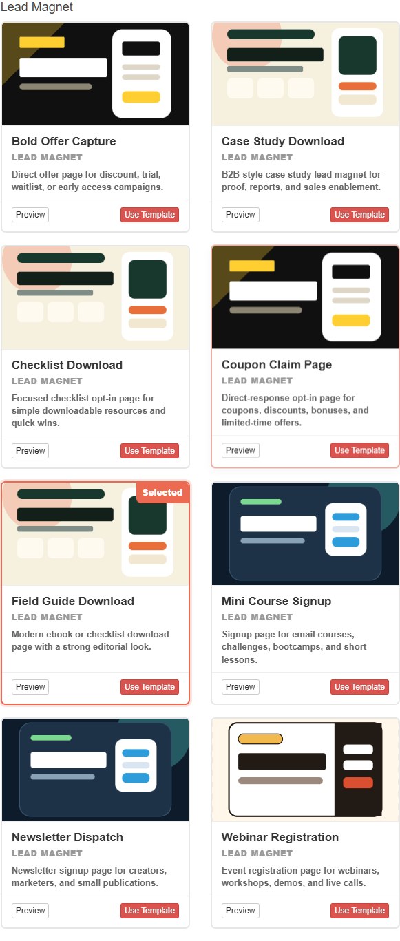 QuickPages funnel builder choosing opt-in and thank-you templates